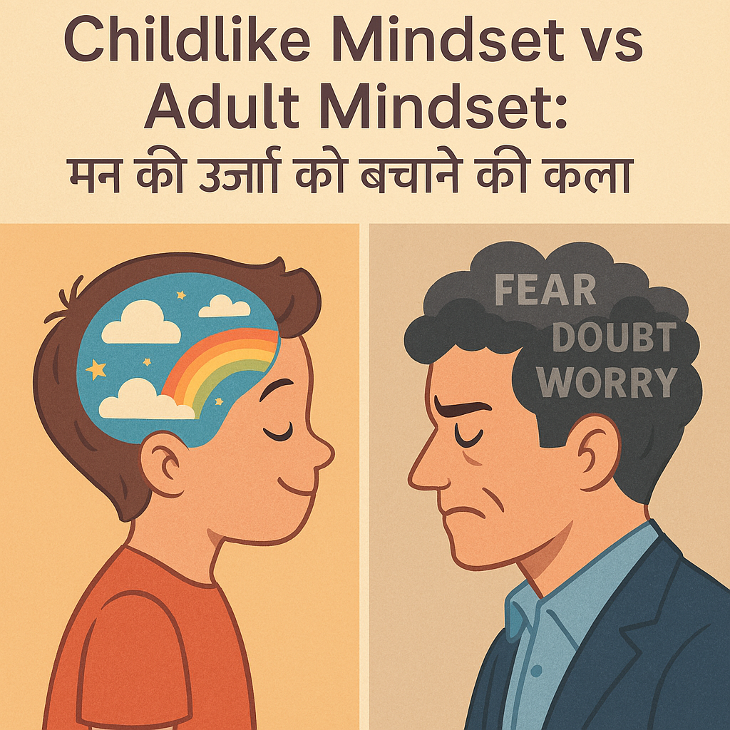 Illustration comparing childlike and adult mindsets: a child’s head filled with colorful symbols like rainbows and stars, and an adult’s head filled with words like “FEAR,” “DOUBT,” and “WORRY”; highlighting the contrast in mental energy and emotional states.