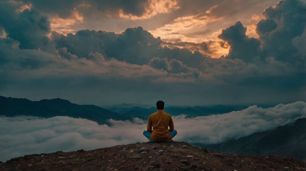 एक व्यक्ति ध्यान मुद्रा में पहाड़ी पर बैठा है, जहाँ काले बादलों से रंगीन रोशनी निकल रही है। उसके चारों ओर नकारात्मक शब्दों का धुंआ है जो धीरे-धीरे सकारात्मक ऊर्जा में बदल रहा है।"